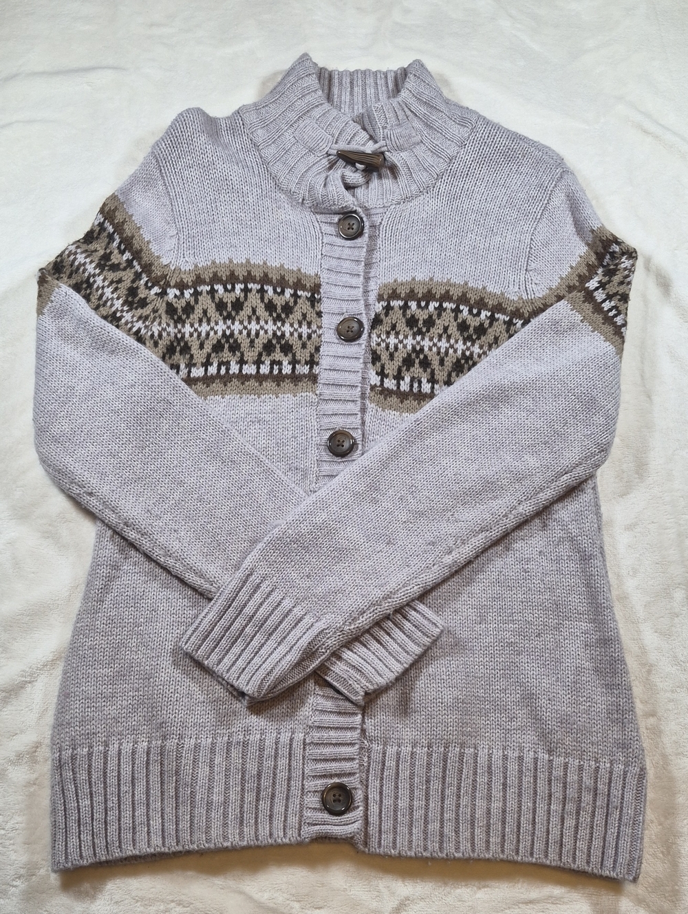 Light Gray Fair Isle Button-Front Knit Cardigan Sweater